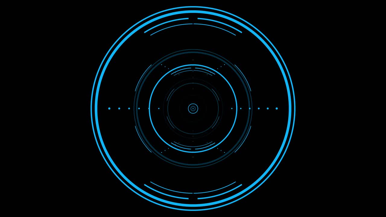 Blue concentric circles and lines appear and disappear, forming a futuristic HUD or interface element on black background, tech concept for scanning
