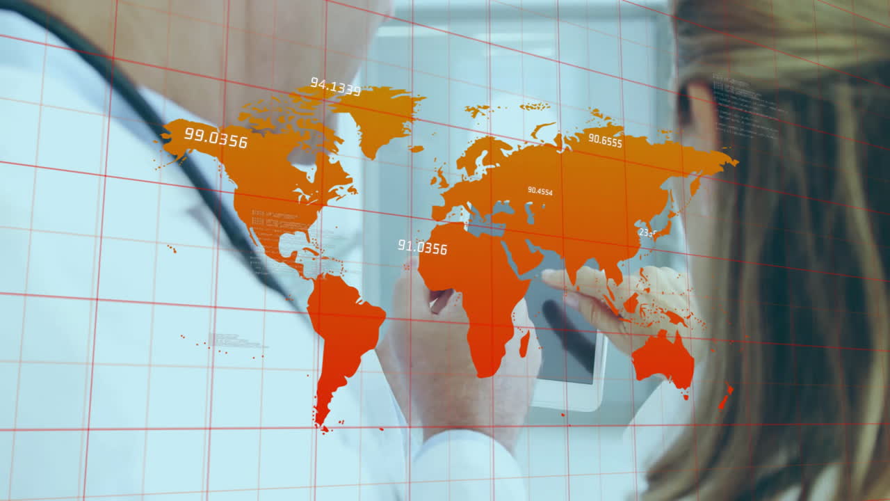 In hospital, medical professionals using tablet with world map and data animation