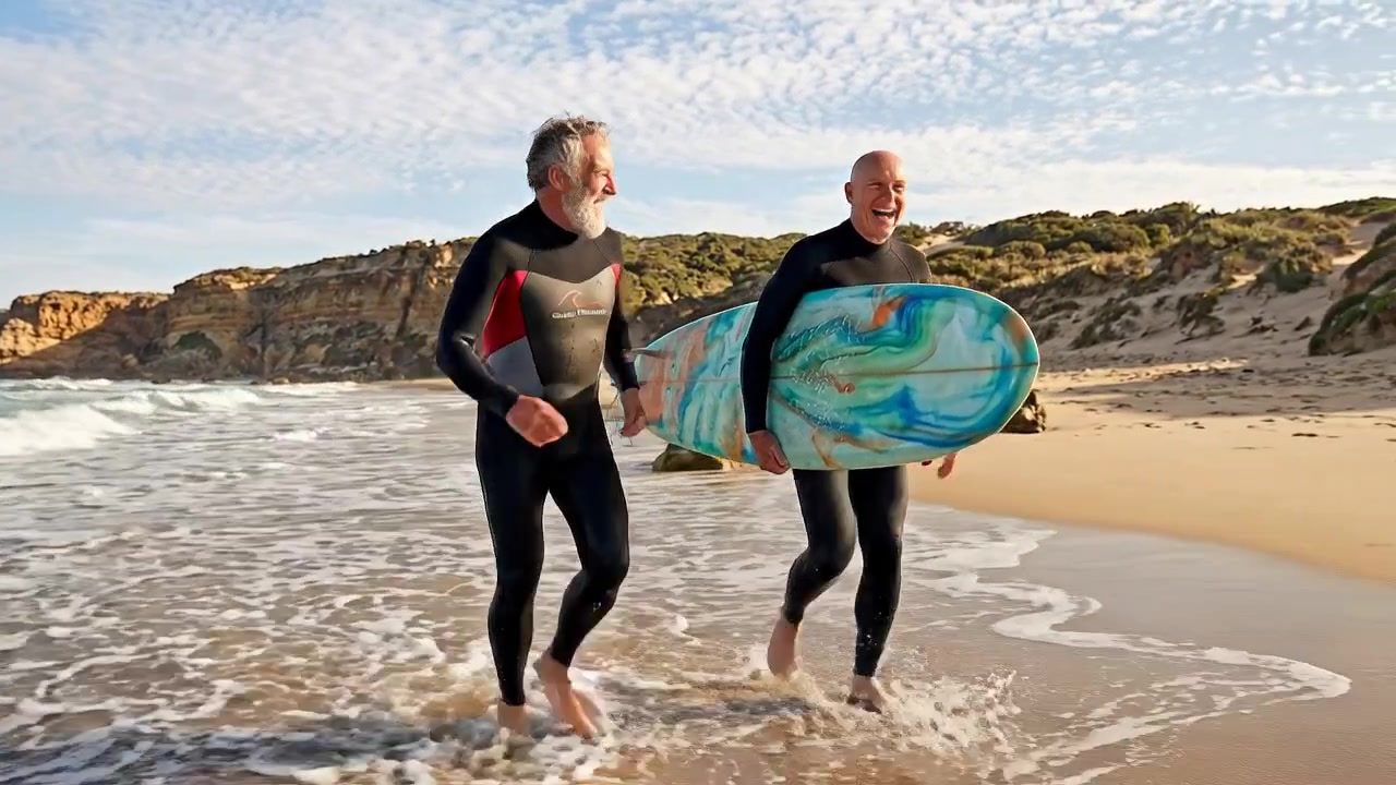 Surfista con tavola da surf che cammina sulla spiaggia e sulla riva dell'oceano, scena di lifestyle