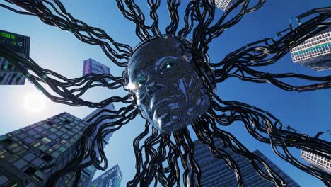 ai head in a futuristic cityscape