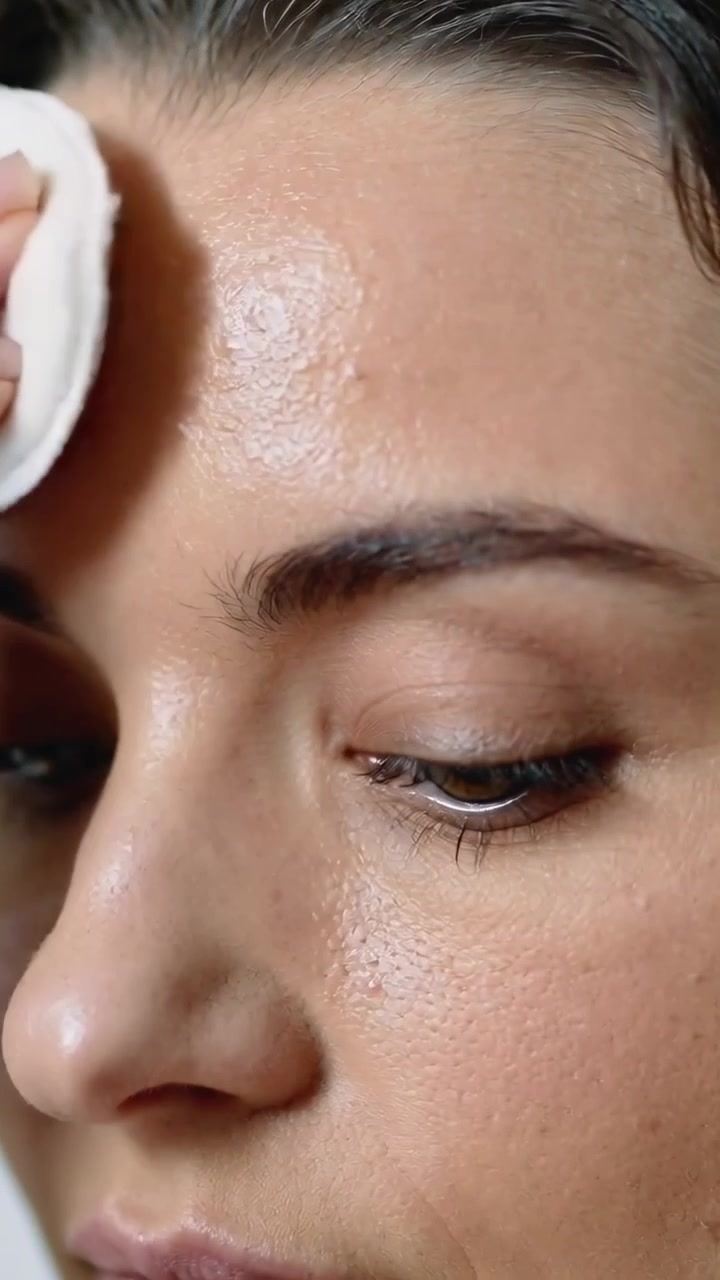 Vertical video: Pressing cotton pad, woman wiping brow and forehead at vanity, removing eye makeup