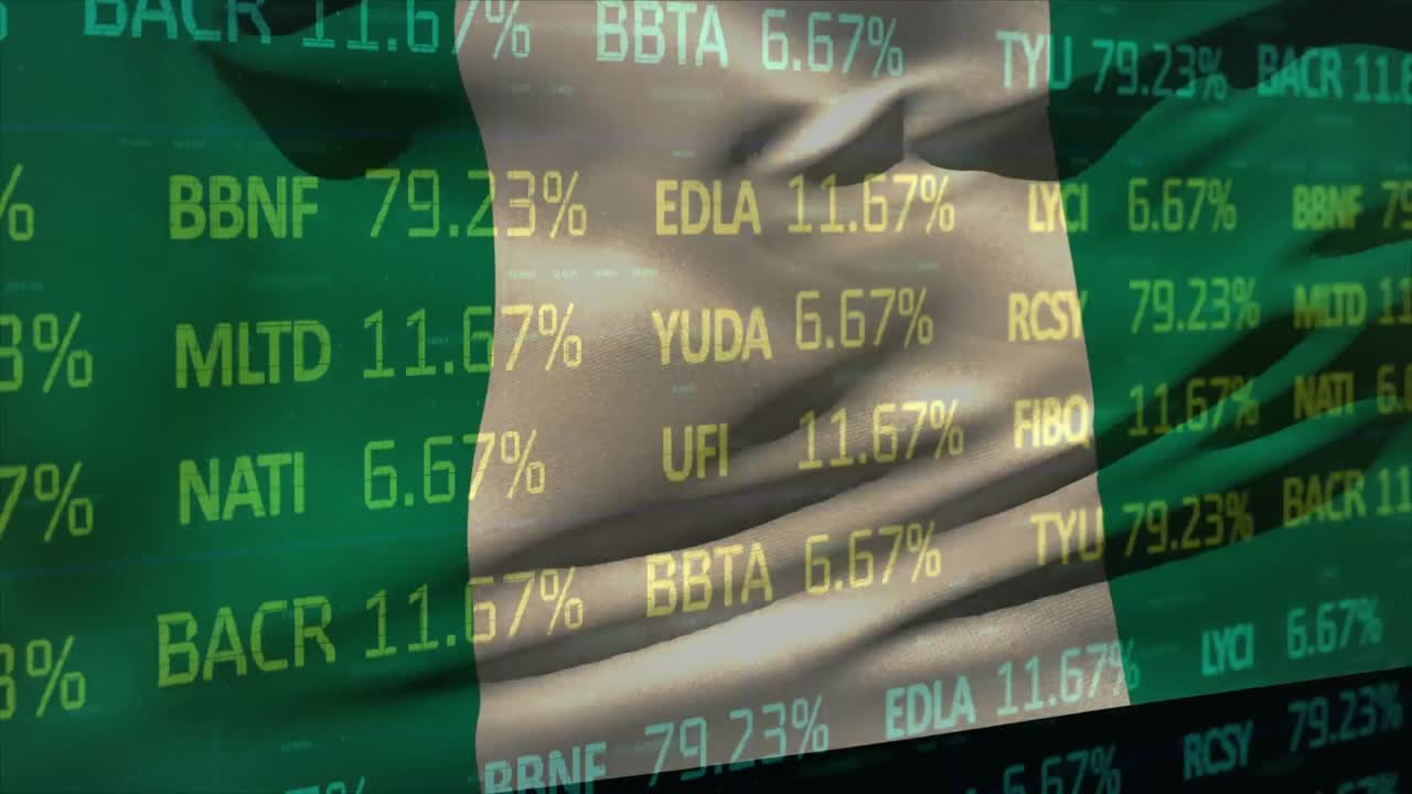 Animazione di elaborazione dati di borsa su bandiera nigeriana sventolante su sfondo nero.
