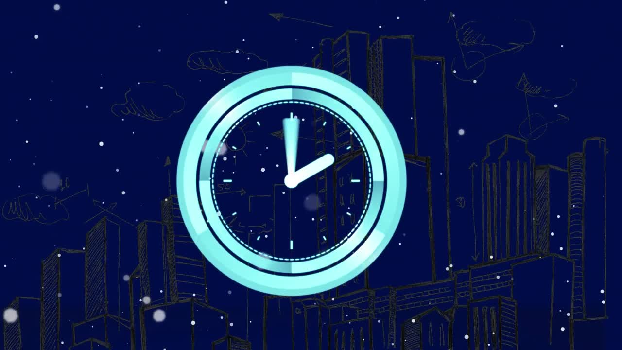 Animation of moving clock over snow falling and cityscape on blue background