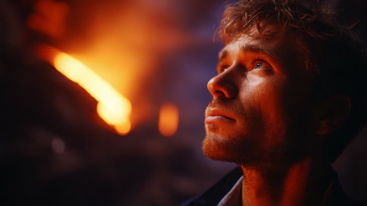 A contemplative young man gazes upwards with a thoughtful expression illuminated by the glowing orange light of a nearby fire, creating a dramatic contrast against the dark surroundings and evoking a sense of introspection