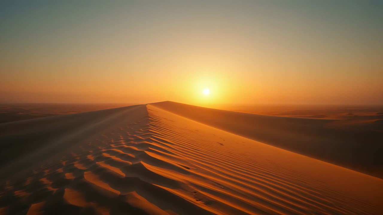 Riprese aeree che seguono una cresta di dune di sabbia sotto il sole basso, mostrando increspature, impronte, pianura
