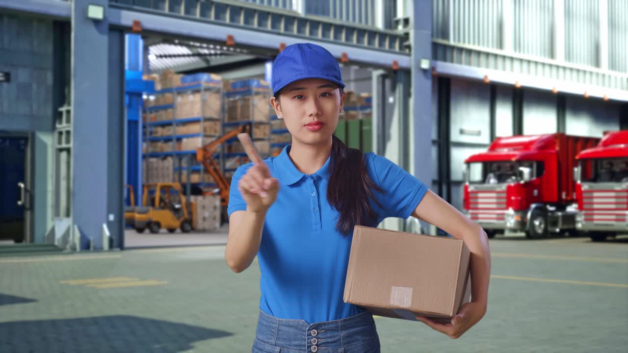 Asian Female Courier In Blue Uniform Showing No Gesture While Delivering A Carton, Outside Warehouse