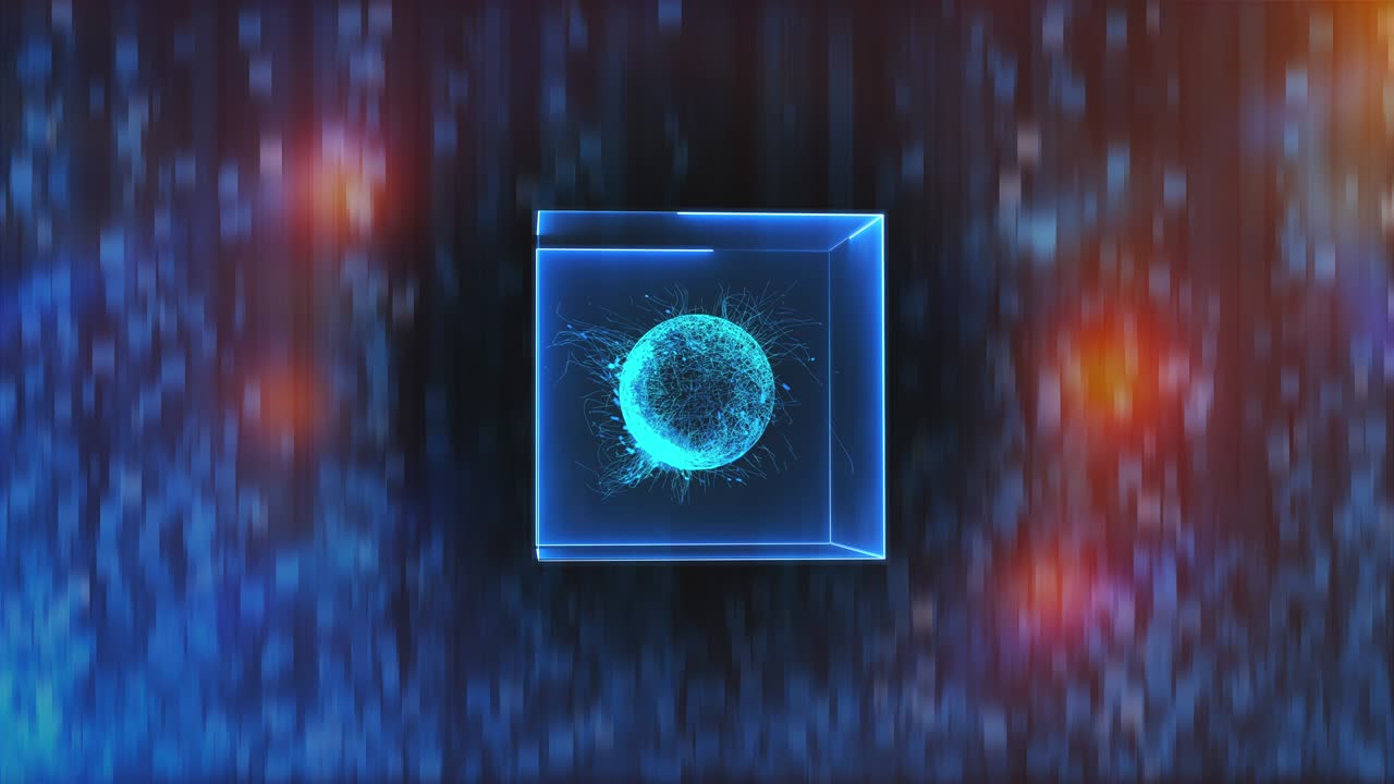 Neon cube with data center in zero gravity on an abstract background, computer generated 3d rendering