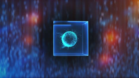 neon cube with data center in zero gravity on an abstract background, computer generated 3d rendering