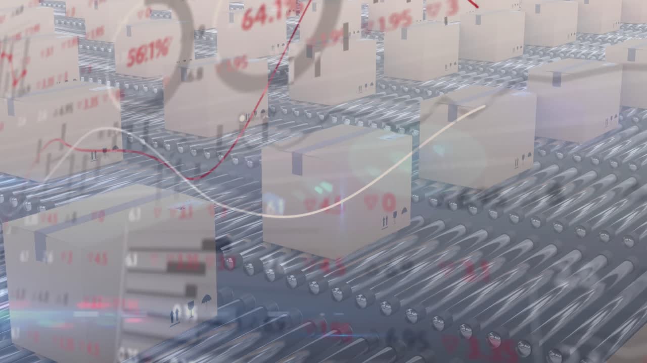 컨베이어 벨트에 있는 카드본 상자 위에서 선과 데이터 처리로 통계의 애니메이션