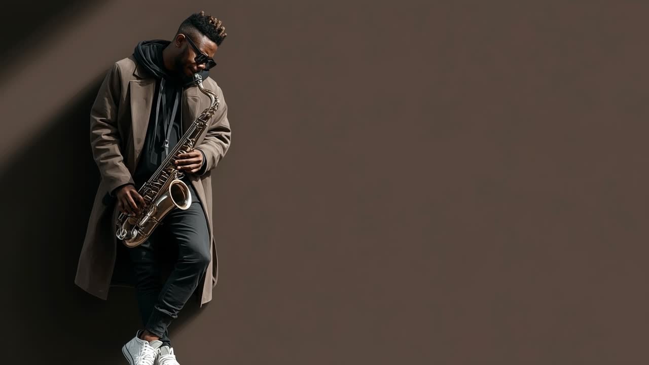 Stilfuld mand spiller saxofon, mens han læner sig op ad en minimalistisk væg i et urbant miljø.
