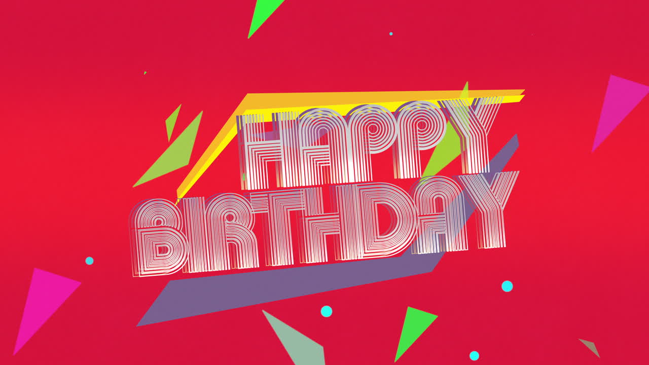 tarjeta de cumpleaños geométrica colorida con feliz cumpleaños en fondo rojo