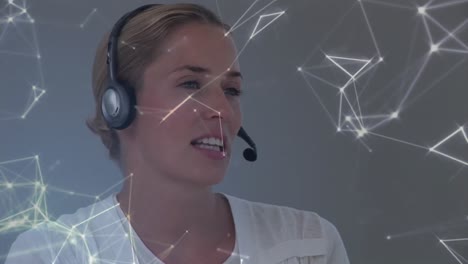 Animation-of-network-of-connections-over-businesswoman-with-headset-in-office