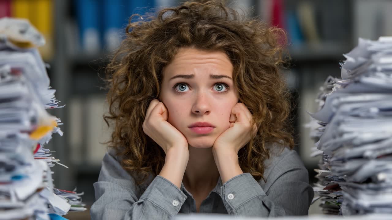 A Young Woman's Expression of Frustration and Overwhelm Amidst a Mountain of Papers, Capturing the Stress Associated with Excessive Workload and Responsibilities