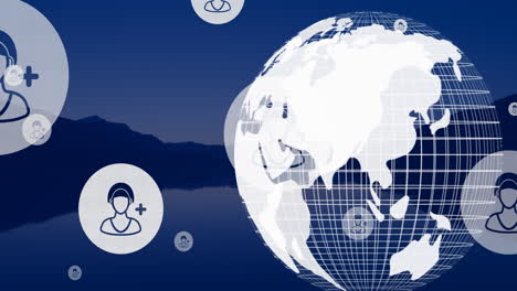 animation of people icons and globe spinning over landscape
