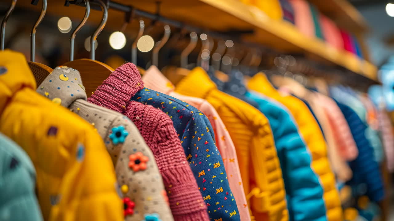 Colorful jackets in a shop. Colorful jackets on wooden hangers catch shoppers' eyes in a bright, inviting store