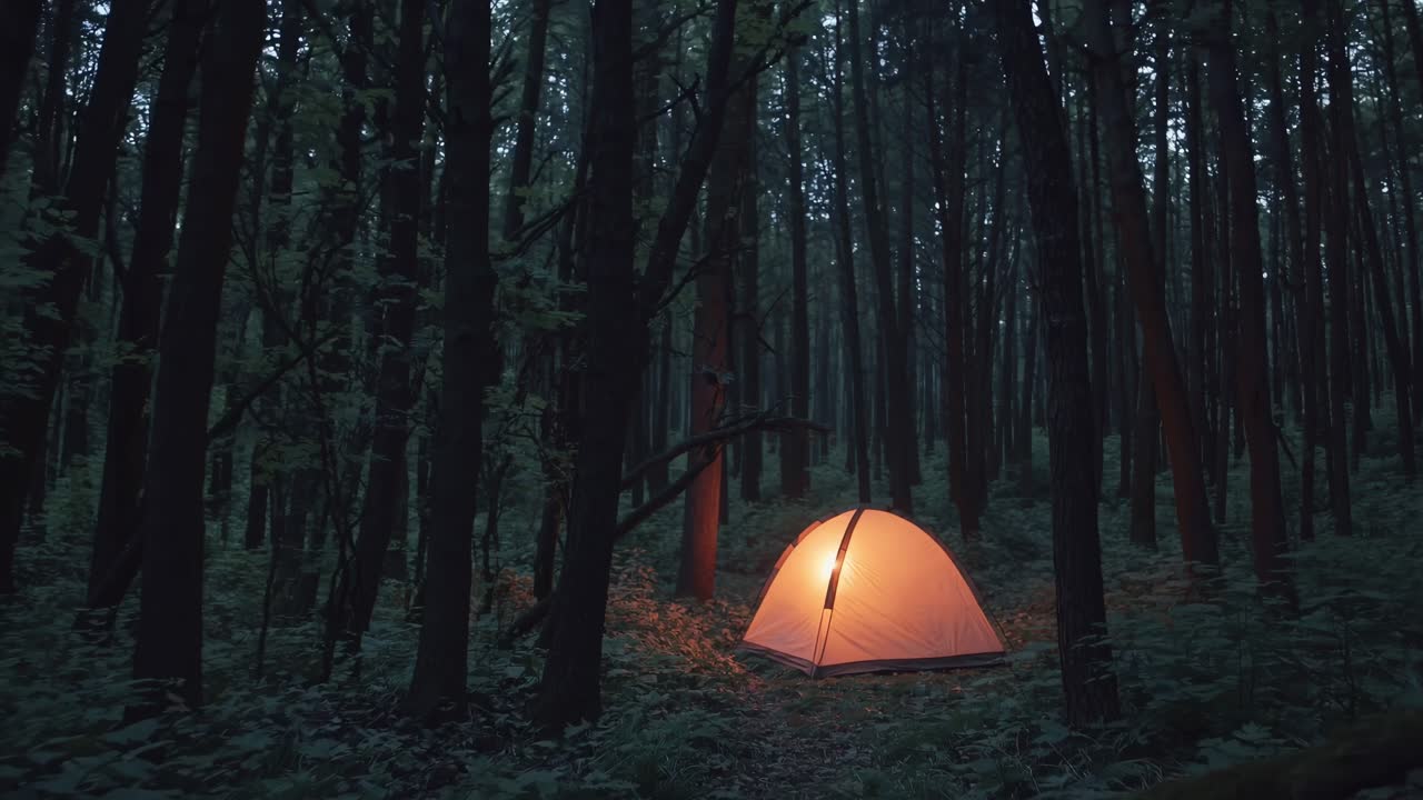 Illuminated tent glowing in the middle of a dark forest at night, creating a magical and enchanting atmosphere, perfect for camping and adventure lovers