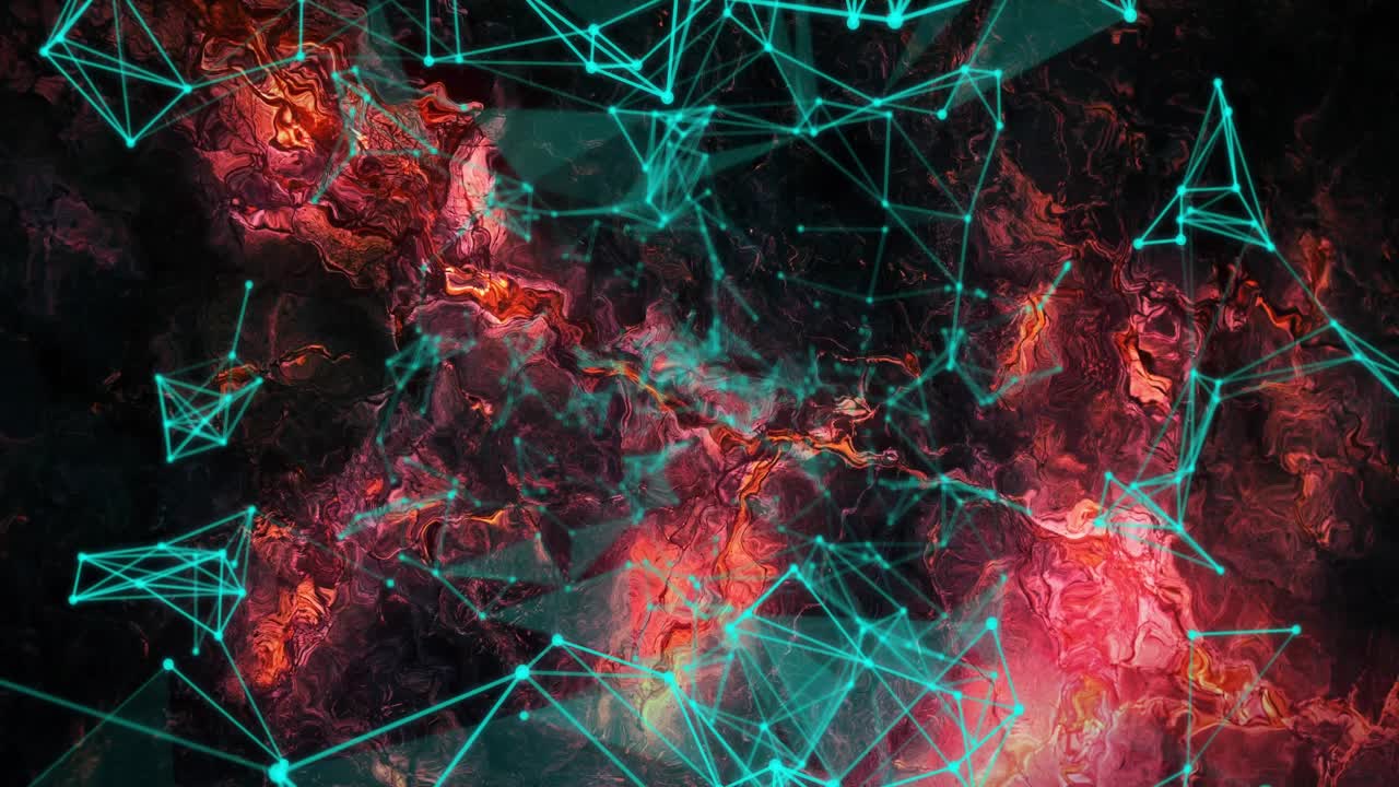 Saat memulai, node teal yang terhubung ke mesh berdenyut memenuhi frame di atas latar belakang marmer bercahaya