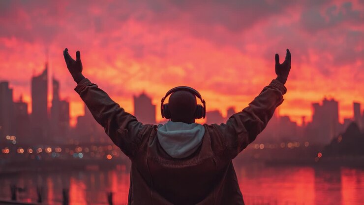 Una persona che si gode un tramonto mozzafiato sullo skyline della città mentre ascolta musica, con le braccia tese in un momento di gioiosa connessione con la natura