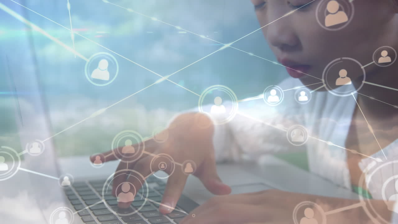 컴퓨터를 사용하는 여학생을 통해 연결 네트워크의 애니메이션