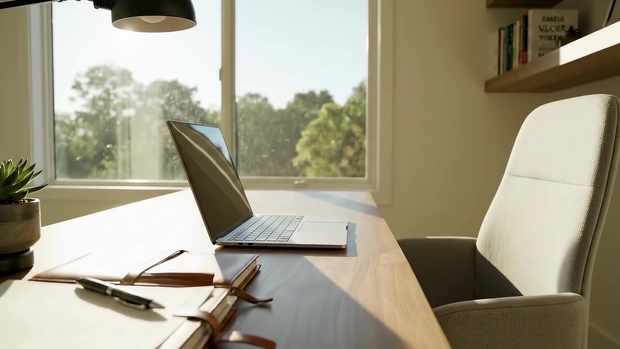 Empty Modern Home Office Desk with Laptop and Natural Sunlight