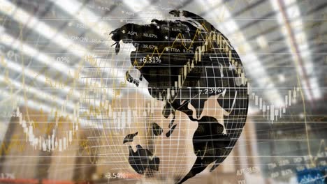 animation of data processing with globe over warehouse