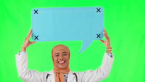 Muslim-woman,-doctor-and-speech-bubble-on-green