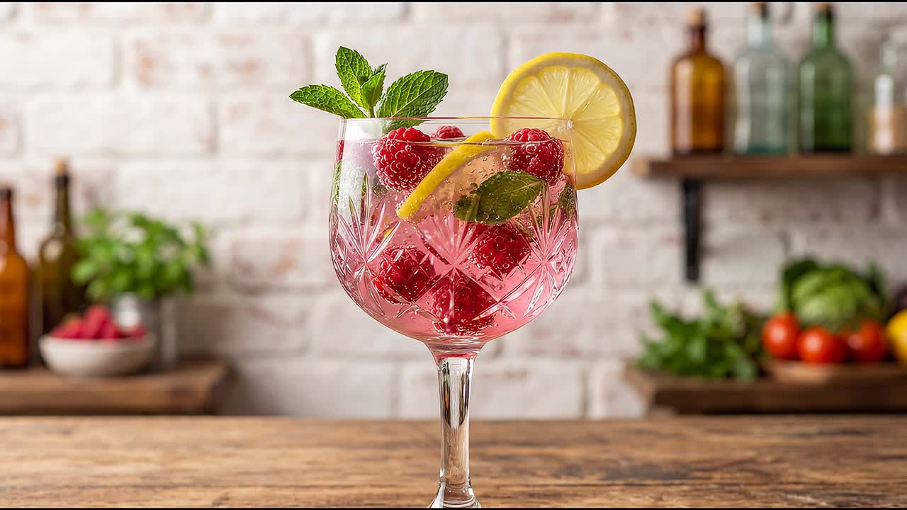 Erfrischender Himbeer-Zitronen-Cocktail in elegantem Glas mit Minz-Garnitur auf einem Holztisch in einer hellen Küchenumgebung.