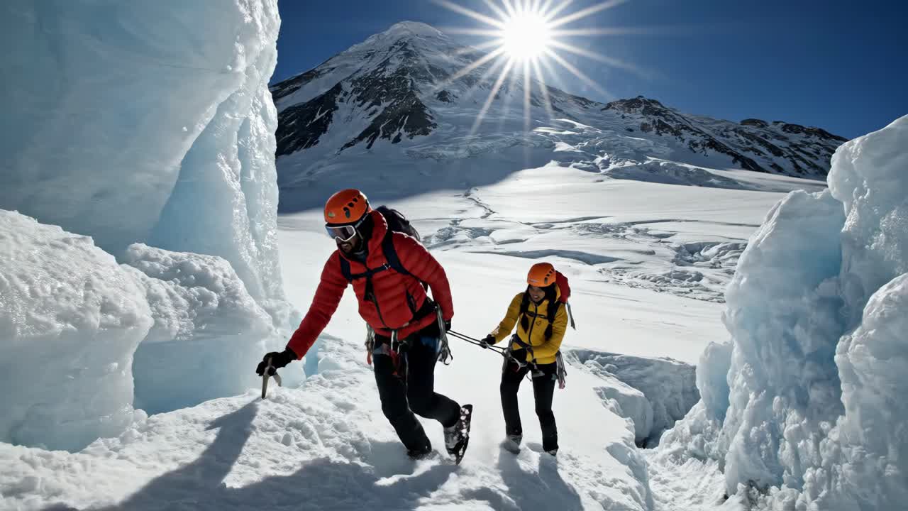 Mountaineers climbing a snowy mountain