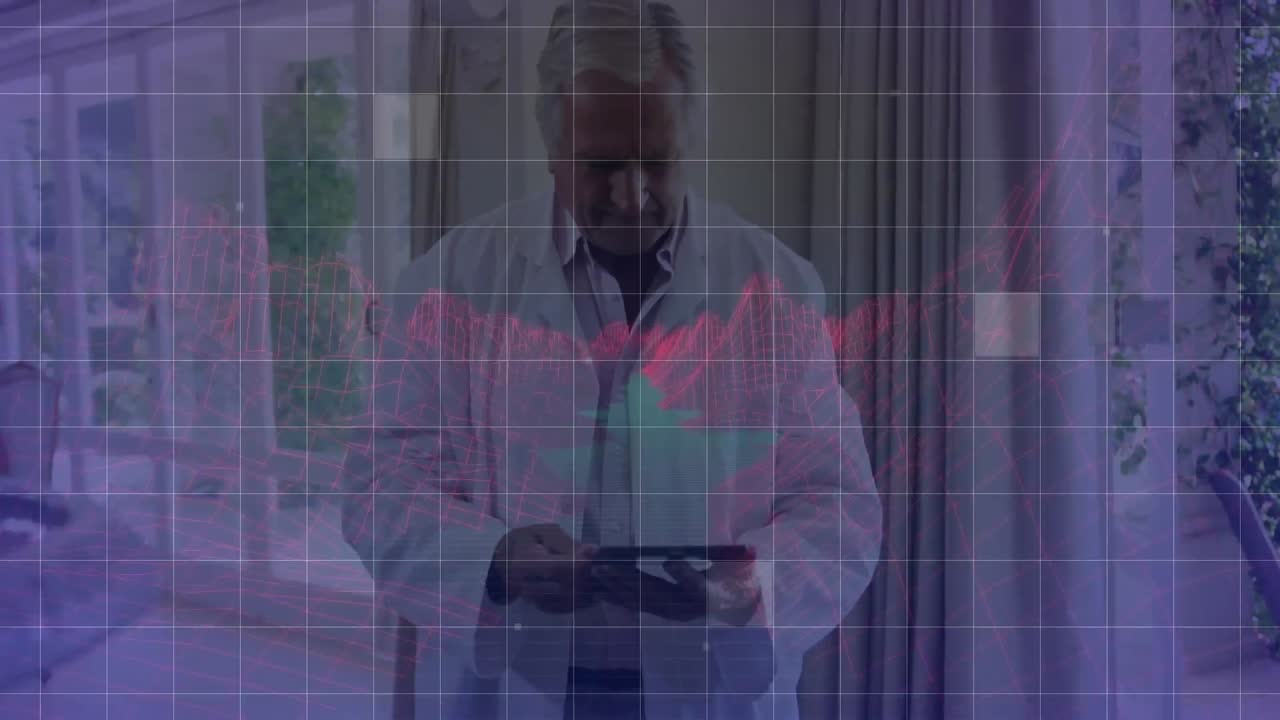 animación de las montañas digitales sobre el médico caucásico.