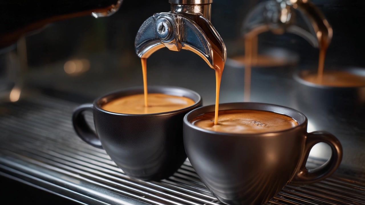 Rig espresso kaffe brygges og hældes i to elegante sorte kopper, der viser den glatte tekstur og rige farve af den friskbryggede drik.