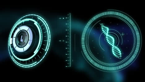 animación de escaneo de alcance con cuenta atrás sobre la hebra de adn en fondo negro