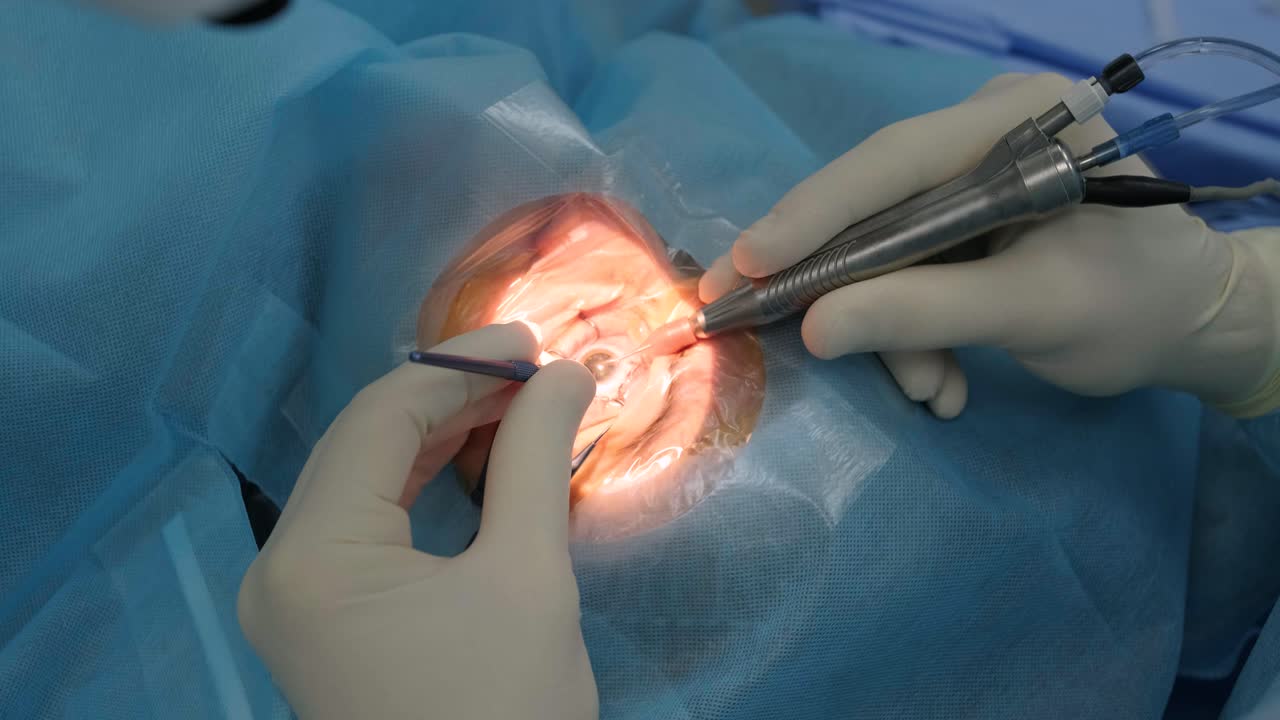 현미경 앞에 앉아서 수술을 하는 눈과 외과 전문의, 고정도 수술을 수행하는 여성 의사에 대한 낮은 각도 시야, 토 레이저 보조 백내장 수술.