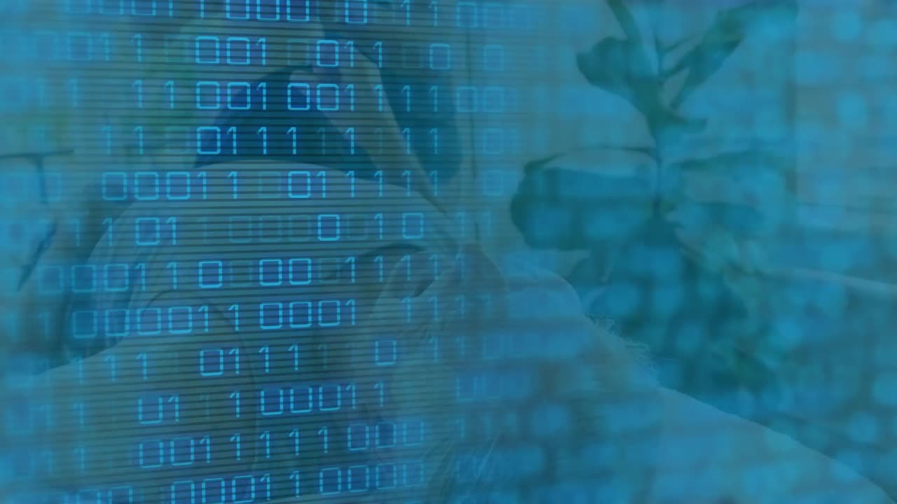 animación de código binario sobre mujer caucásica acostada en la cama