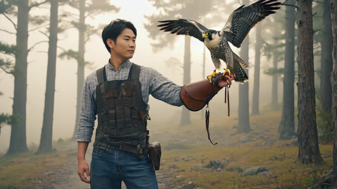 Falconry with a Bird of Prey in a Forest