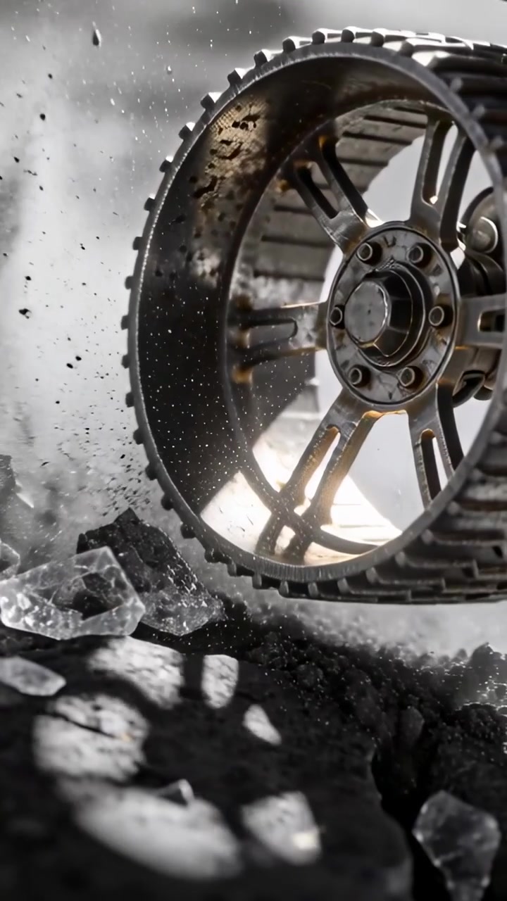 Vertical video: Rolling alloy wheel with track testing traction upon entering frame, kicking shards
