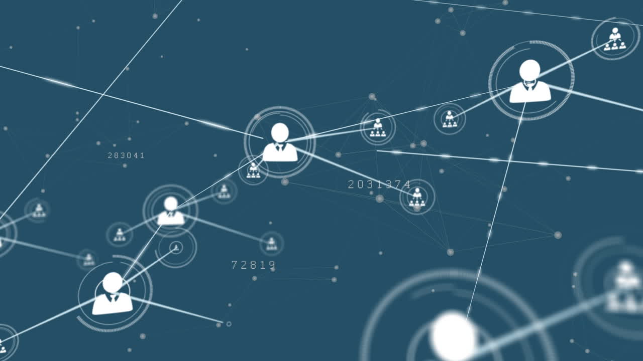 Animation of network of connections with icons over blue background