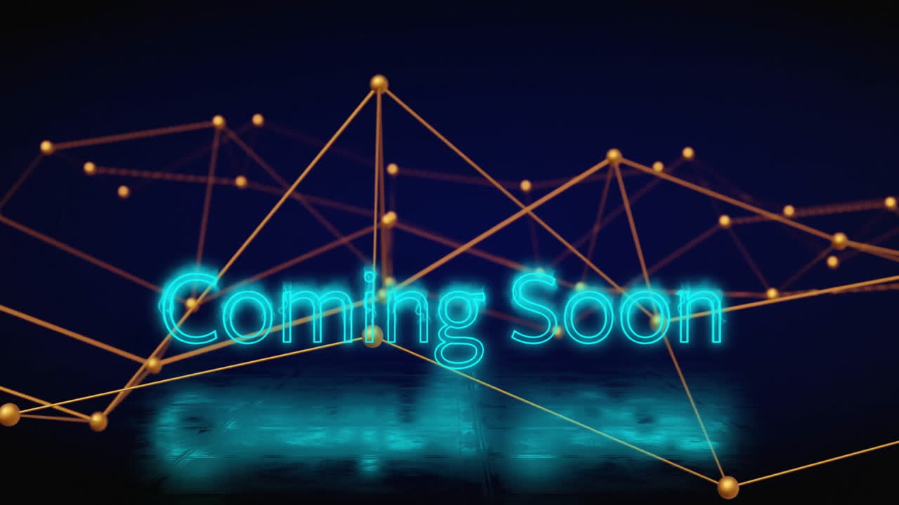 Animation of coming soon text over network of connections on black background