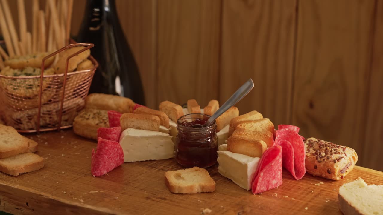 Close up gourmet appetizer platter cheese salami breadsticks and jam jar