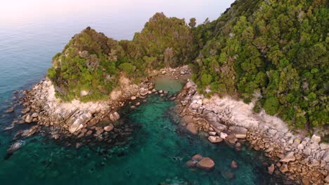 Seals-swim-in-lagoon-in-remoted-island-aerial-reveal-of-landscape-scenery-shot