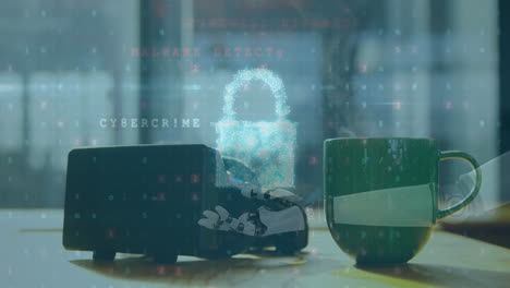 cyber security data processing over robotic hands against vr headset and coffee cup