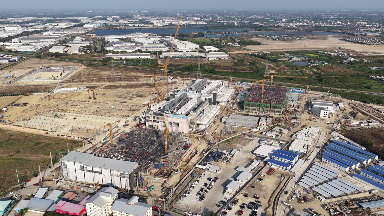 Aerial drone video of hyperscale data center campus construction in Chonburi, Thailand, highlighting cloud computing, AI infrastructure, digital economy growth, and Eastern Economic Corridor expansion