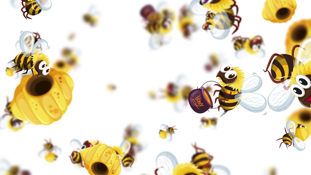 Animated bees buzzing around honeycombs joyfully