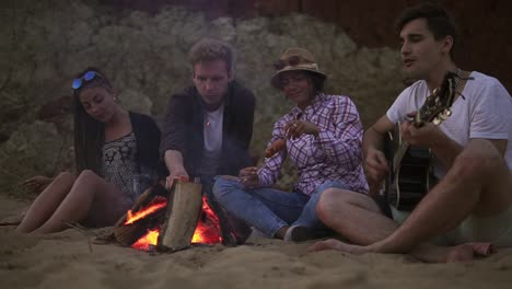 picnic of young people with bonfire on the beach in the evening