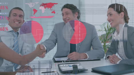 animation of data processing and diagrams over diverse business people shaking hands