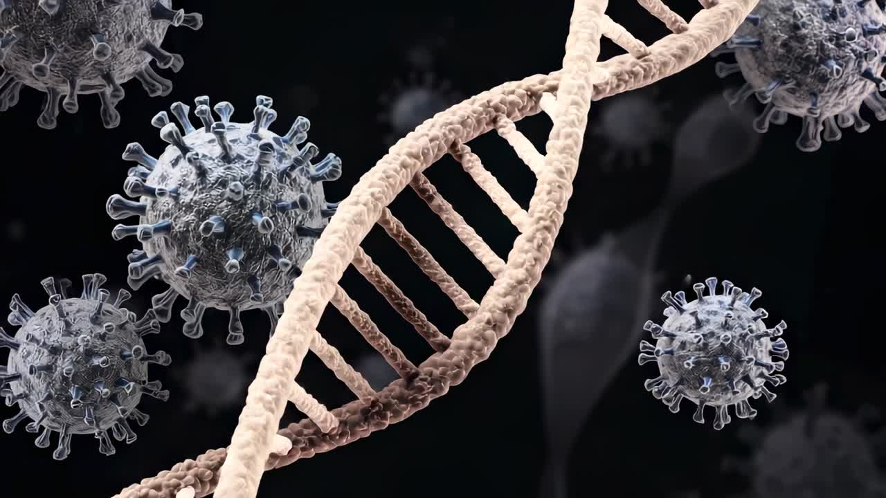 Simulation d’une double hélice d’ADN en rotation pour révéler une bobine sur fond sombre, avec des particules de virus flottantes