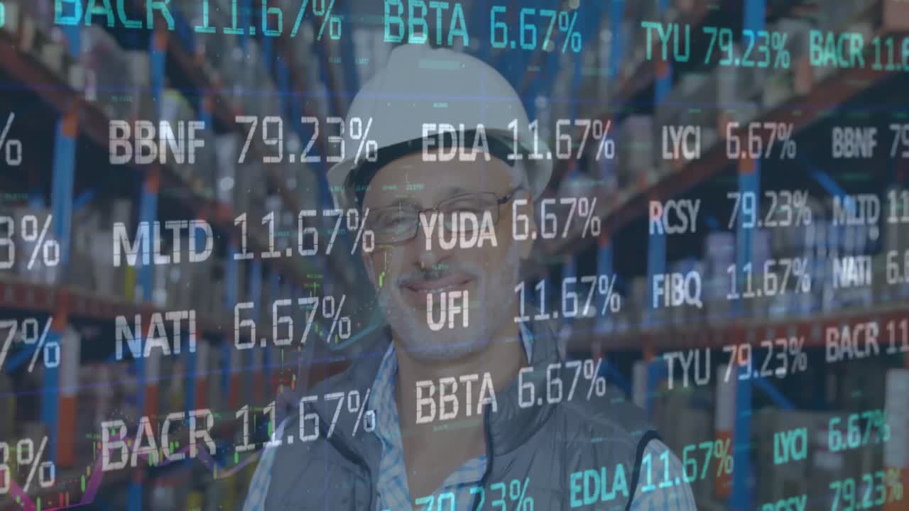 Animazione di elaborazione dati finanziari su un uomo che lavora in un magazzino.
