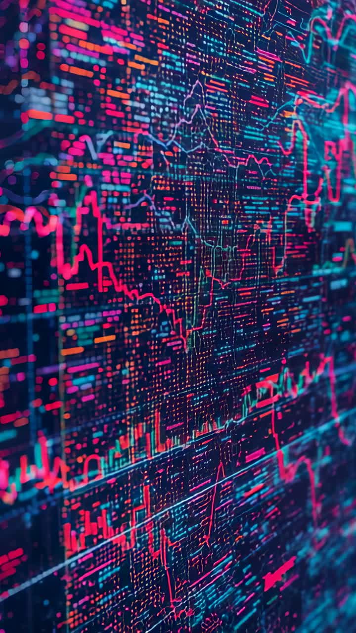 Vertical video: Receiving live data, chart pulsing lines and animating bars on display screen