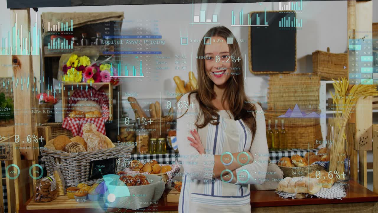 Baker shifting from gesturing to composed stance on sales update, finance graphs drifting over her