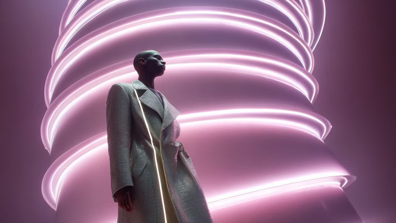 Captivating Modern Fashion: A Bold Model in a Chic Light-Illuminated Environment, Showcasing Cutting-Edge Style Against a Futuristic Backdrop with Striking Colors