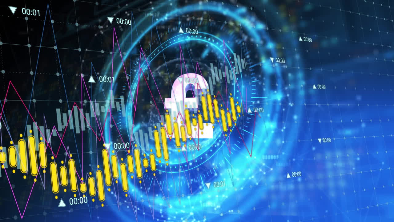 animación de múltiples gráficos y números cambiantes sobre el signo de libra en círculos